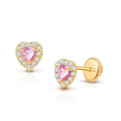 Brincos de pressão infantis em prata esterlina 925 com coração rosa e branco com zircônias cúbicas e cravação pavê para joias finas