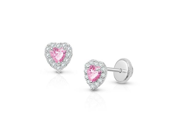 Brincos de pressão infantis em prata esterlina 925 com coração rosa e branco com zircônias cúbicas e cravação pavê para joias finas