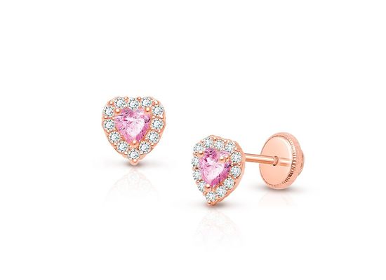 Brincos de pressão infantis em prata esterlina 925 com coração rosa e branco com zircônias cúbicas e cravação pavê para joias finas