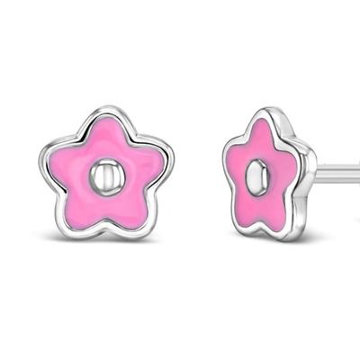 Brincos de botão de flor esmaltada rosa de 6mm em prata esterlina 925 com logotipo personalizado e avaliação de terceiros para crianças