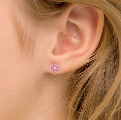 Brincos de botão de flor esmaltada rosa de 6mm em prata esterlina 925 com logotipo personalizado e avaliação de terceiros para crianças