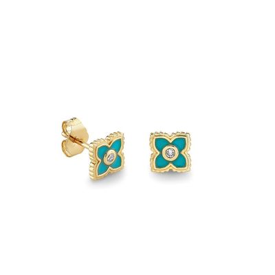Brincos de flor mini com esmalte turquesa banhados a ouro 18K em prata esterlina 925