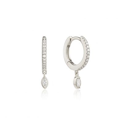 Brincos de argola com gota de zircônia com corte marquise em prata esterlina 925 para ocasião de noivado, com diâmetro da argola de 12mm e espessura de 2mm