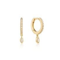 Brincos de argola com gota de zircônia com corte marquise em prata esterlina 925 para ocasião de noivado, com diâmetro da argola de 12mm e espessura de 2mm