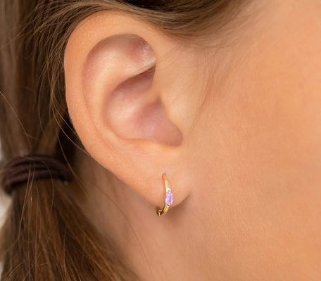Brincos de argola infantis com banho de ouro 14K, zircônia cúbica rosa corte baguete de 10mm, com MOQ de 50 pares