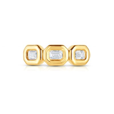 Anel de prata tripla de esmeralda feito à mão com pedra de zircão AAA e moldura de bisel de ouro de 14K