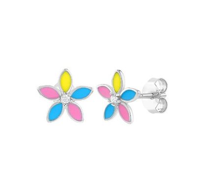Brincos de estribo de flores de esmalte amarelo multicolor 925 esterlinho de prata