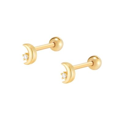 925 Sterling Silver Tiny CZ Moon Piercing Stud Earring com fecho de volta de parafuso de bola