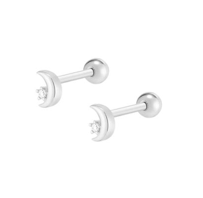 925 Sterling Silver Tiny CZ Moon Piercing Stud Earring com fecho de volta de parafuso de bola