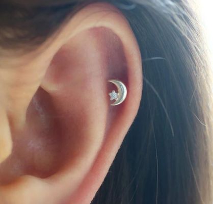 925 Sterling Silver Tiny CZ Moon Piercing Stud Earring com fecho de volta de parafuso de bola