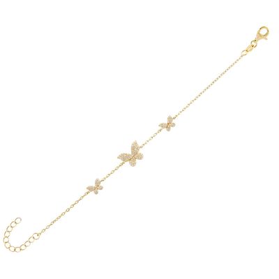 14K ouro Triple Butterfly Chain Bracelet Claros CZ Prata Chain Bracelet 925