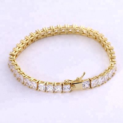 Unisex 18K de ouro feito à mão Hip Hop Quadrado corte de gelo Diamante CZ 925 Sterling Prata empilhamento pulseira de tênis
