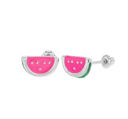 Brinco de pressão infantil de melancia esmaltada rosa prateada e verde para presentes