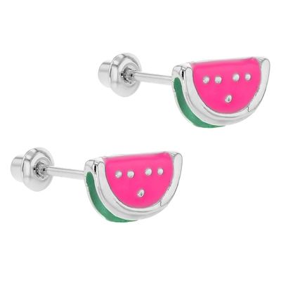 Brinco de pressão infantil de melancia esmaltada rosa prateada e verde para presentes