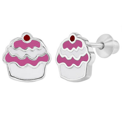 Cupcake Rosa Esmaltado 925 Sterling Prata parafusos para trás crianças brincos Joias