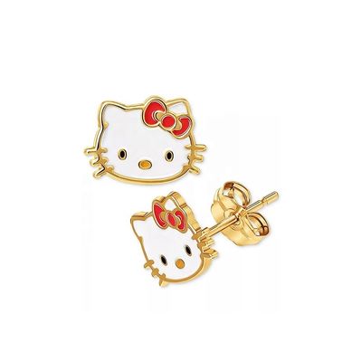 18K ouro revestido Hello Kitty Enamel Stud brincos para meninas em 925 Sterling Silver