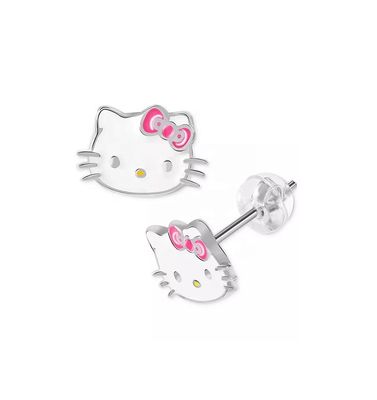 18K ouro revestido Hello Kitty Enamel Stud brincos para meninas em 925 Sterling Silver