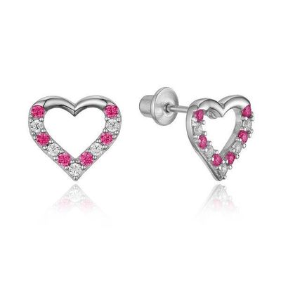 Micro Insert Heart Pink Screw Back Earrings para crianças em 925 Sterling Silver