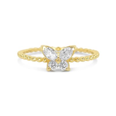 Anel feminino de prata esterlina 925 com bola de ouro 18K e borboleta marquesa