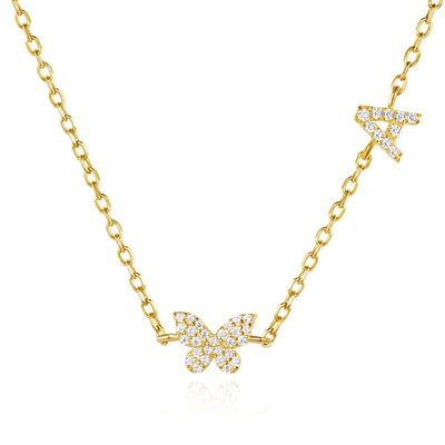 Colarinho Mini 18K Ouro Branco Micron Pave CZ Butterfly 925 Sterling Silver Pendant