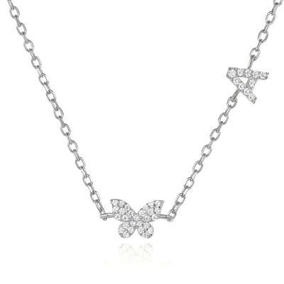 Colarinho Mini 18K Ouro Branco Micron Pave CZ Butterfly 925 Sterling Silver Pendant