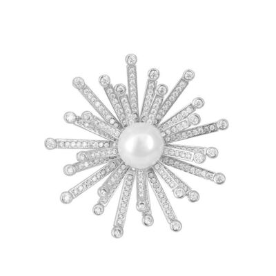 Snowflower White Pearl e White CZ Broches de moda feitas à mão para mulheres