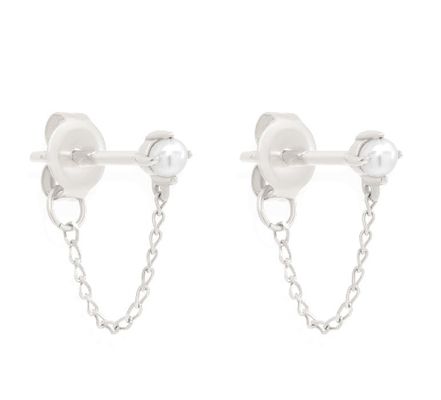 925 Sterling Silver Chain Drop Pearl Earrings Brancos de Água Fresca Pearl Earrings