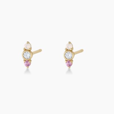 Ópal branco e safira cor-de-rosa brincos CZ Stud três pedras cubas Zirconia Studs