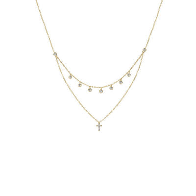 Conjunto de duas camadas de bisel Pendente de Cruz de Diamante Rodíum Prateado de Ouro Colar de Cadeia