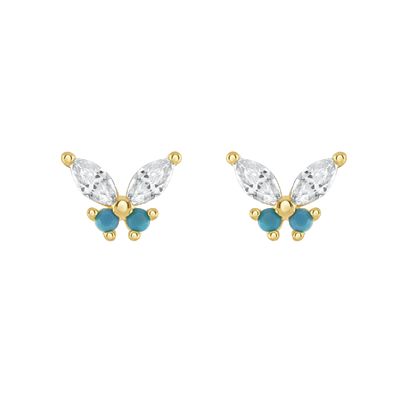 18K Ouro Marquise Cut Turquesa CZ 925 Sterling Silver Butterfly Stud brincos para mulheres