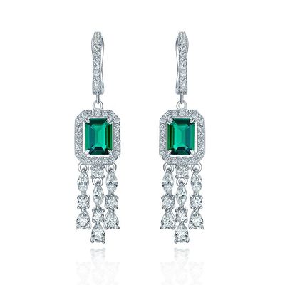 Real Sterling Silver 925 Green Baguette CZ Diamond Long Hoop Earrings para Usar Unisex