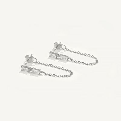 Vendas Baguete Cubico Zircon Threader Stud Brinco Joias 925 Sterling Silver para Mulheres