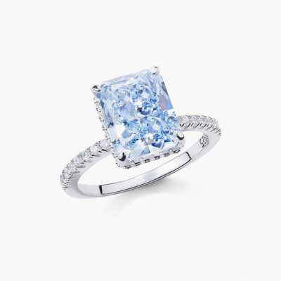 Baguete prateado diamante azul 5A corte de gelo CZ Anel de noivado de casamento para mulheres 925 prata esterlina
