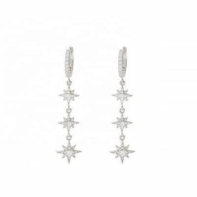 925 Prateado Brasileiro Starburst Long Dangle Hoop Brincos Para Mulheres