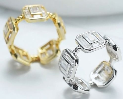 Esmeralda Branca CZ Mulheres Eternidade Banda Baguete 18K Ouro 925 Sterling Anéis de Prata