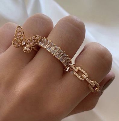 925 Sterling Silver Curb Link Chain Ring 18K Mulheres Anéis de Zirconia cúbica