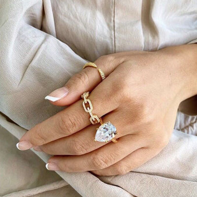 925 Sterling Silver Curb Link Chain Ring 18K Mulheres Anéis de Zirconia cúbica