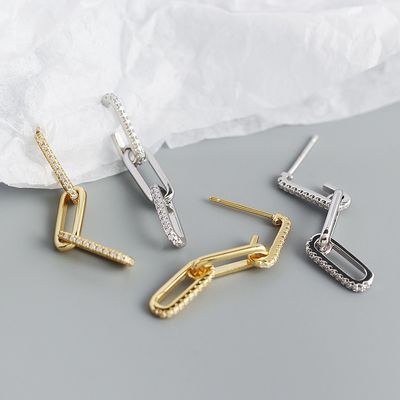 Retro Paperclip Rectangular Chain Earrings em 925 Sterling Silver para a noite das senhoras
