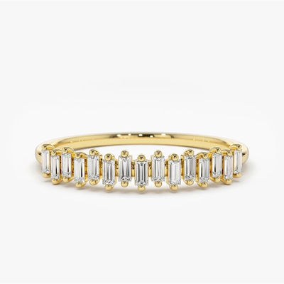 925 Sterling Silver CZ Diamond Baguette Anel da Eternidade Feminina com Revestimento de Ouro Amarelo