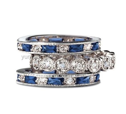 925 Sterling Silver CZ Simulado Sapphire Anel empilhável conjunto com tamanho personalizado