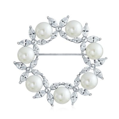 Broche de folhas de ouro revestido de círculo Branco de pérola 925 Prata Broches de luxo para mulheres