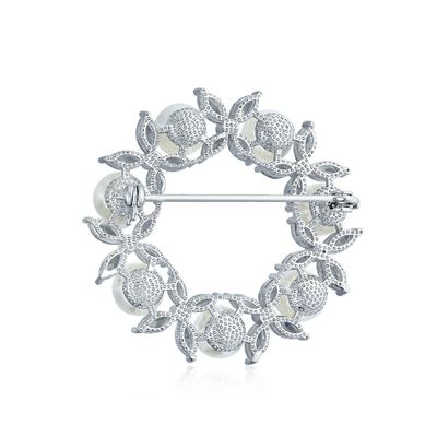 Broche de folhas de ouro revestido de círculo Branco de pérola 925 Prata Broches de luxo para mulheres