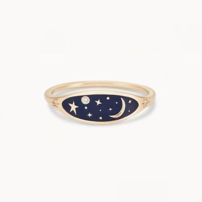 Handmade 18K Gold Plated Midnight Blue Enamel 925 Sterling Silver Round Brilliant CZ Stacking Ring para raparigas