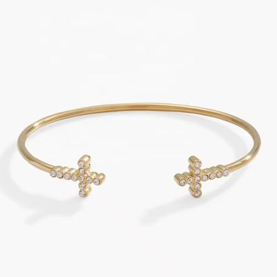 Pave Incrustado Cristal Zircon 925 Sterling Prata Bracelete Cruz Manseta 18K Bracelete de Ouro