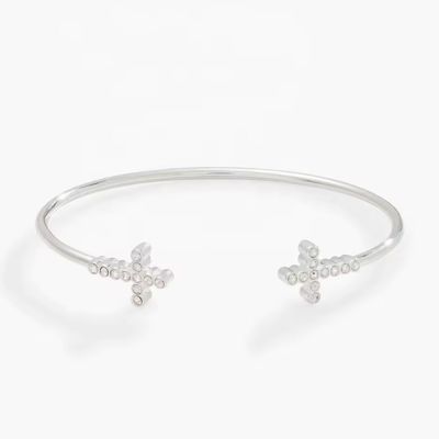 Pave Incrustado Cristal Zircon 925 Sterling Prata Bracelete Cruz Manseta 18K Bracelete de Ouro
