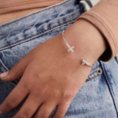 Pave Incrustado Cristal Zircon 925 Sterling Prata Bracelete Cruz Manseta 18K Bracelete de Ouro