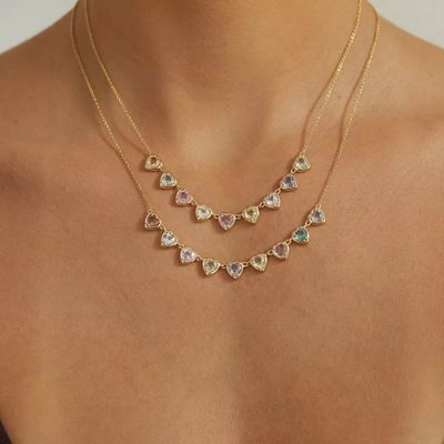 Ouro Revestido Sapphire em forma de coração feito à mão & Cubic Zirconia Strand Necklace Joias de festa elegantes para mulheres