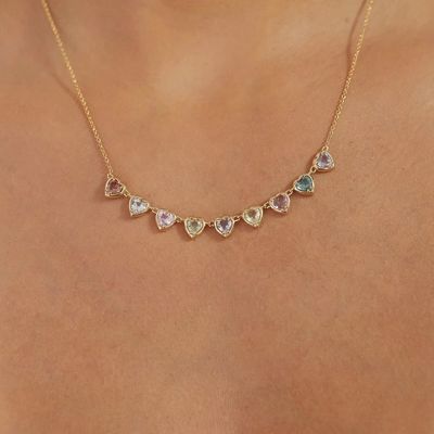 Ouro Revestido Sapphire em forma de coração feito à mão & Cubic Zirconia Strand Necklace Joias de festa elegantes para mulheres