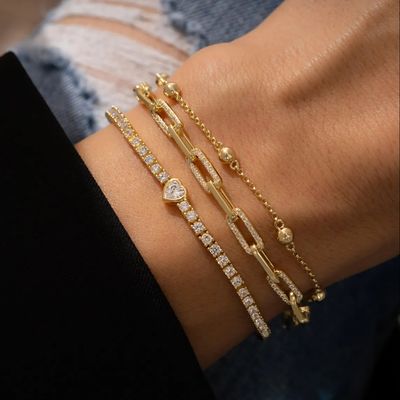 925 Sterling Silver 14K Plated Heart Tennis Bracelet com Zircon