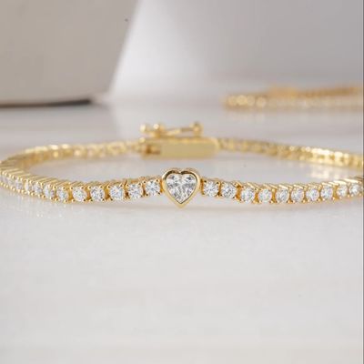 925 Sterling Silver 14K Plated Heart Tennis Bracelet com Zircon